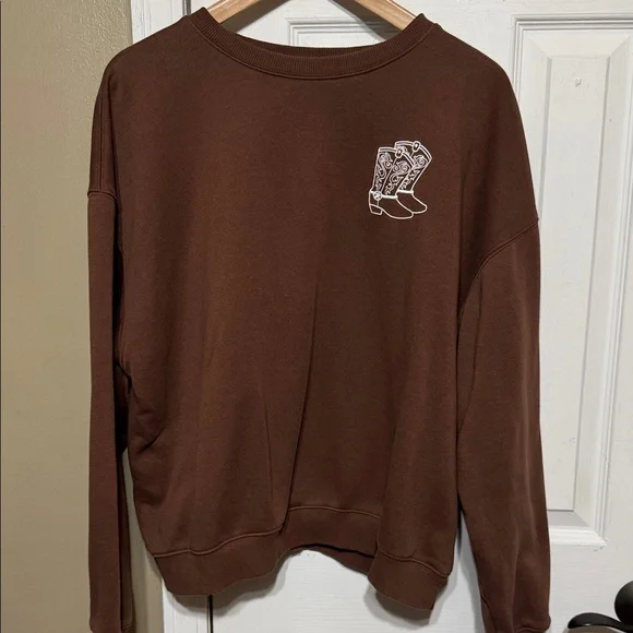 Brown Crewneck Top with Embroidered Boots - Picture 1 of 5